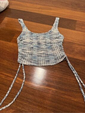 Blue & White Knit Cropped Tank with Braided Side Ties